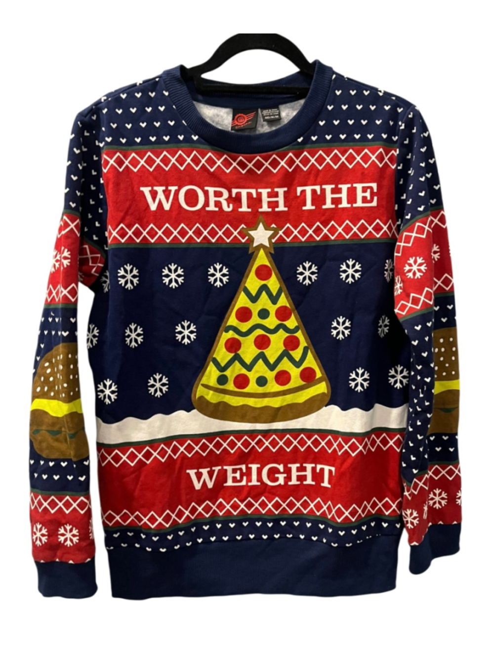 Mad Engine Men's Medium Ugly Christmas Sweater Worth The Weight Pizza Burger